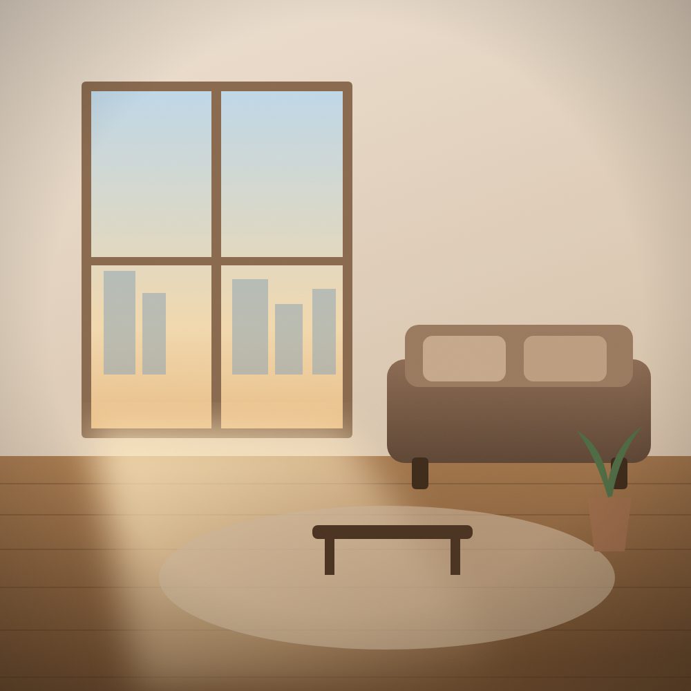Living room with tall windows and a low table.